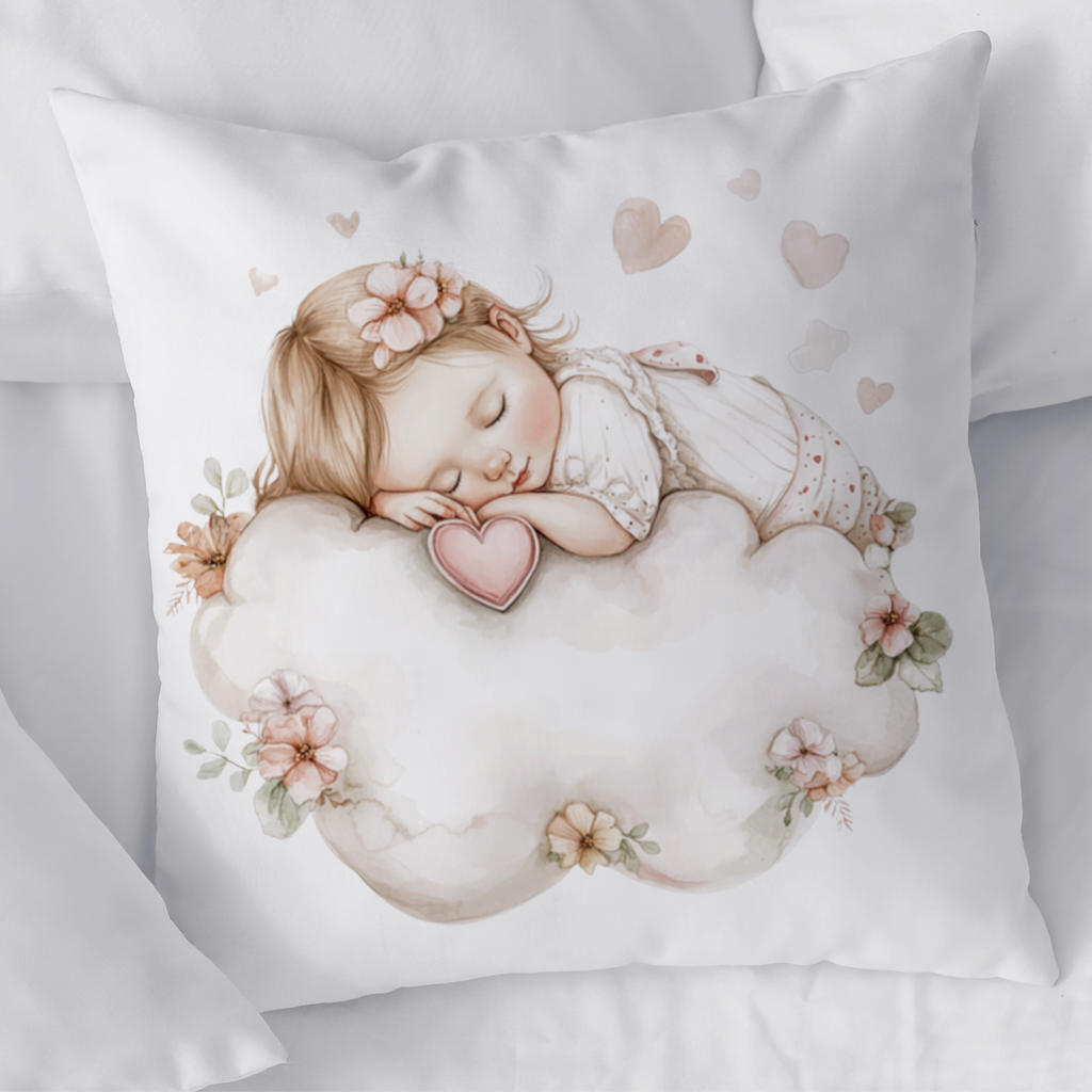 Bulut Üstünde Uyuyan Çiçekli Bebek Dekoratif Kırlent Kılıfı