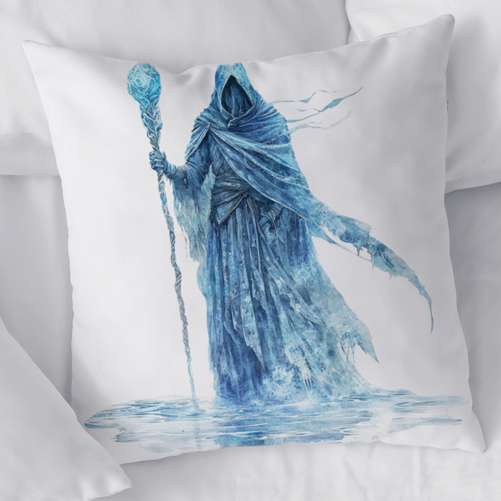 Blue Frost Mage Hooded Wizard Staff Decorative pillow cover