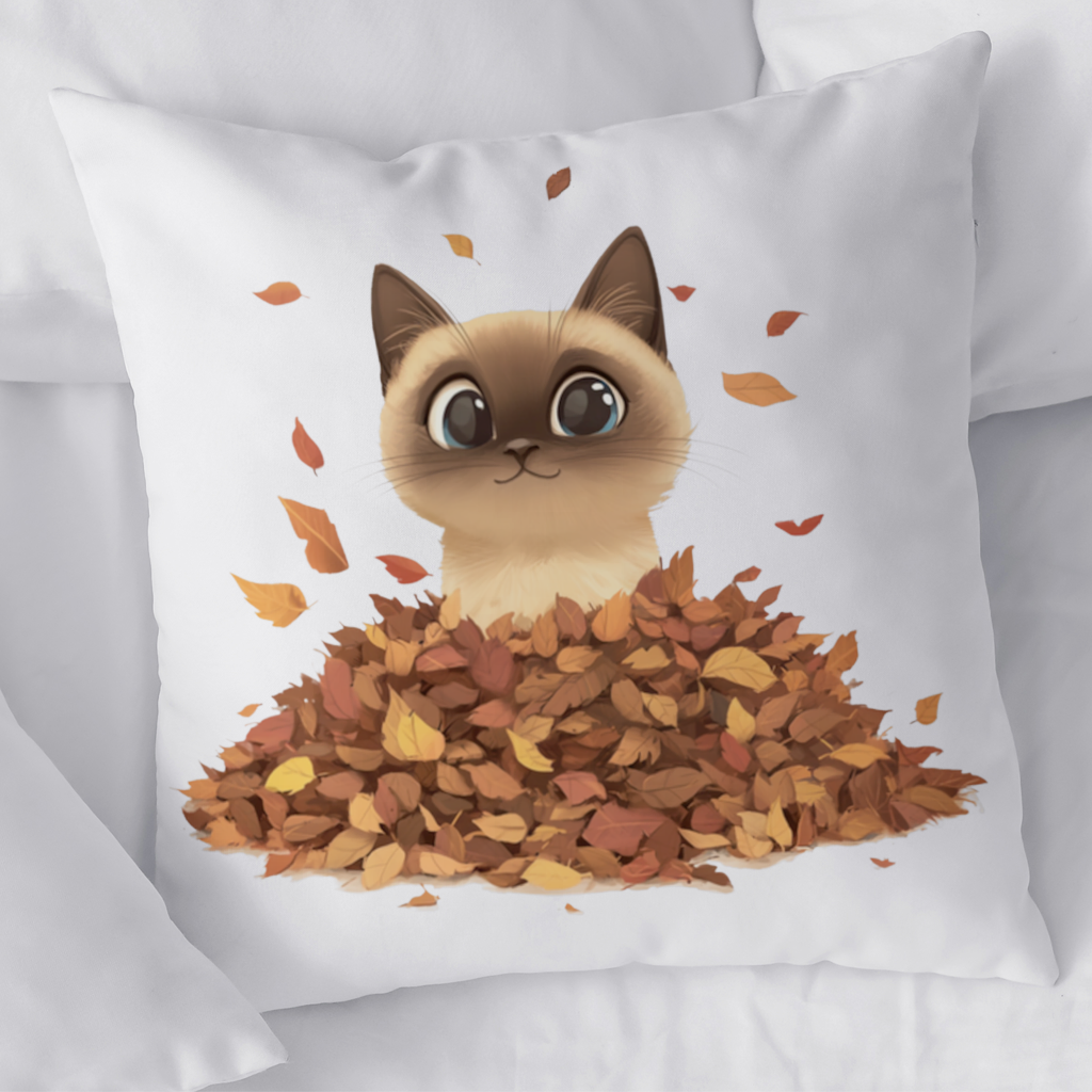 Siamese Cat in Autumn Leaf Pile Decorative pillow cover