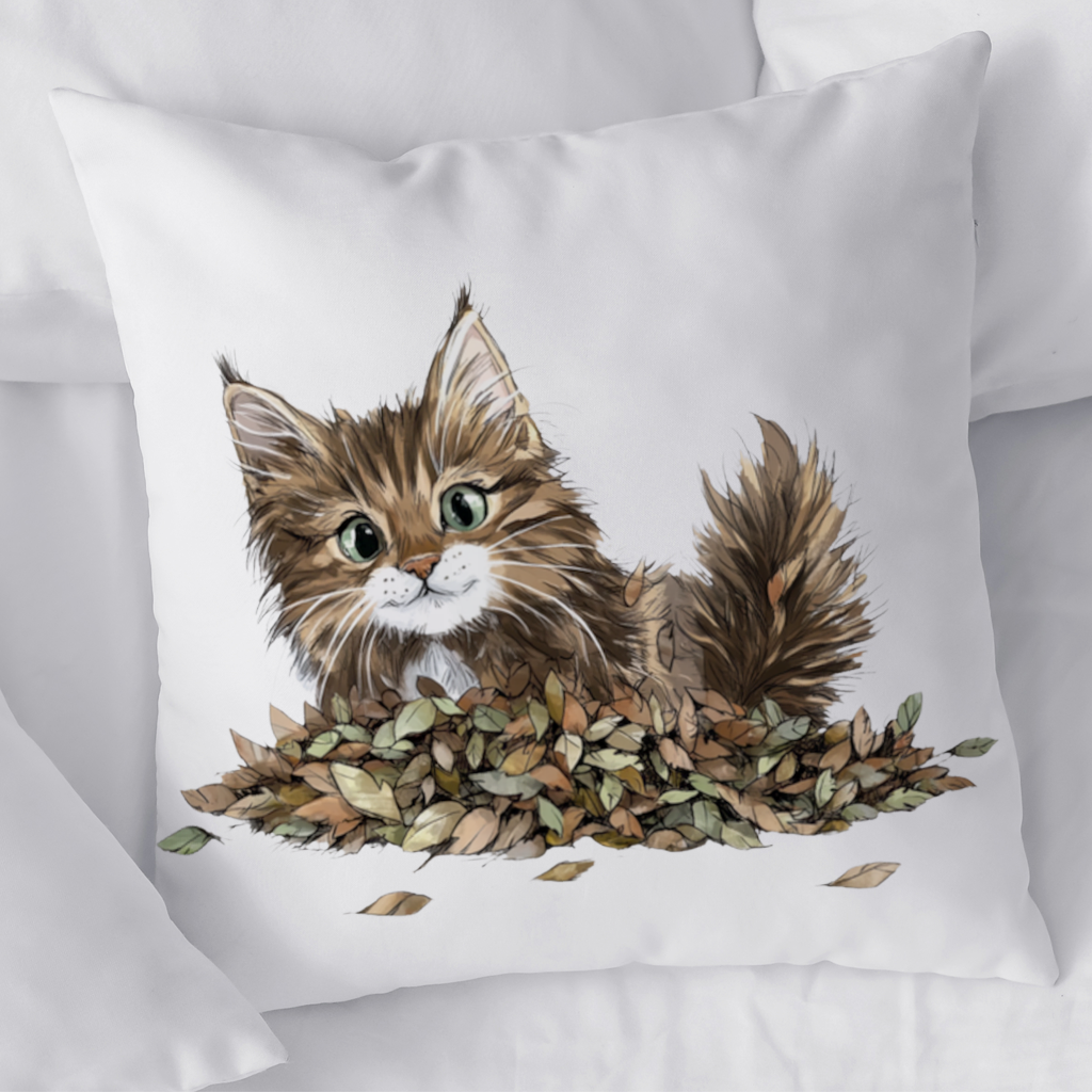 Cute Fluffy Kitten in Autumn Leaves Decorative pillow cover