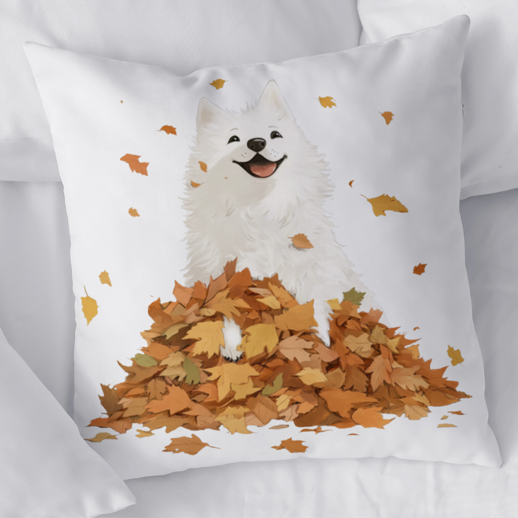 Happy White Dog in Autumn Leaves 