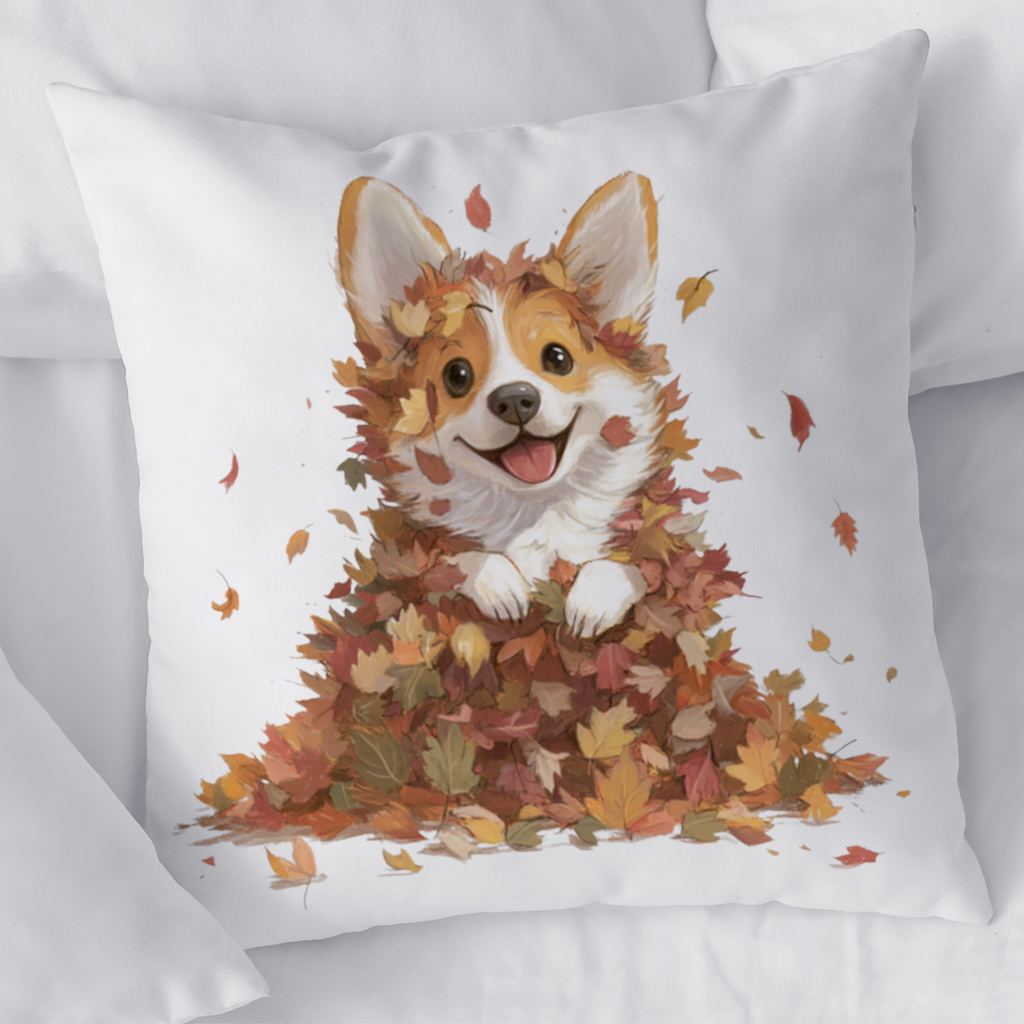 Happy Corgi Puppy in Fall Leaves 