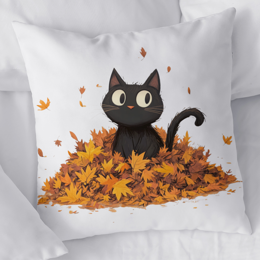 Cute Black Cat in Autumn Leaves 