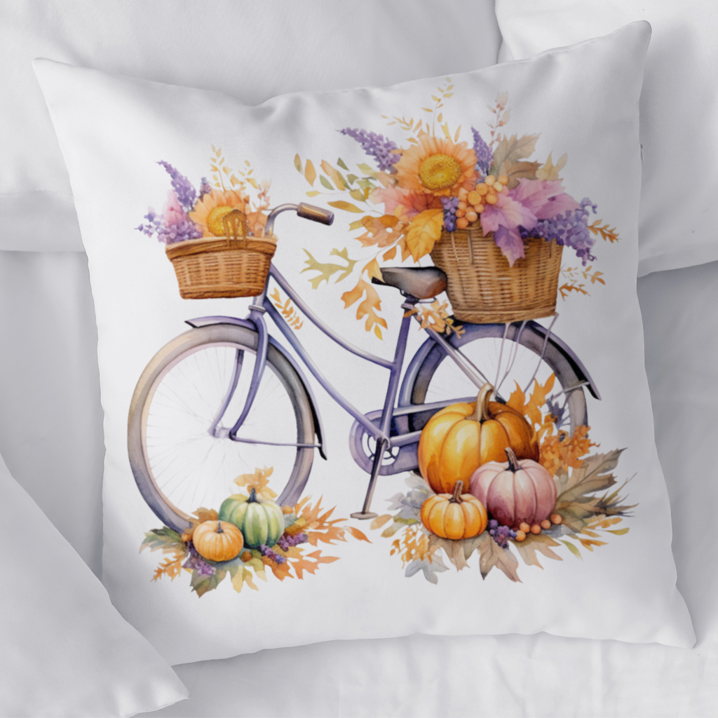 Balkabaklı ve Ayçiçekli Sonbahar Bisikleti Dekoratif Kırlent Kılıfı