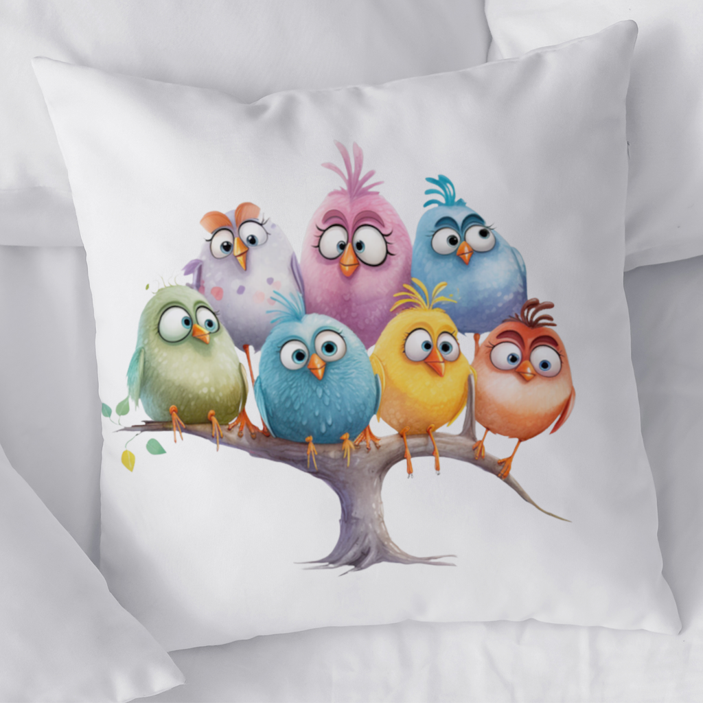 Daldaki Renkli Sevimli Kuşlar Dekoratif Kırlent Kılıfı