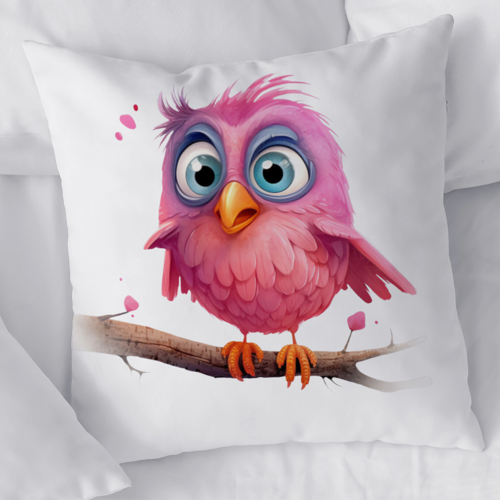 Cute Pink Bird with Large Blue Eyes Decorative pillow cover
