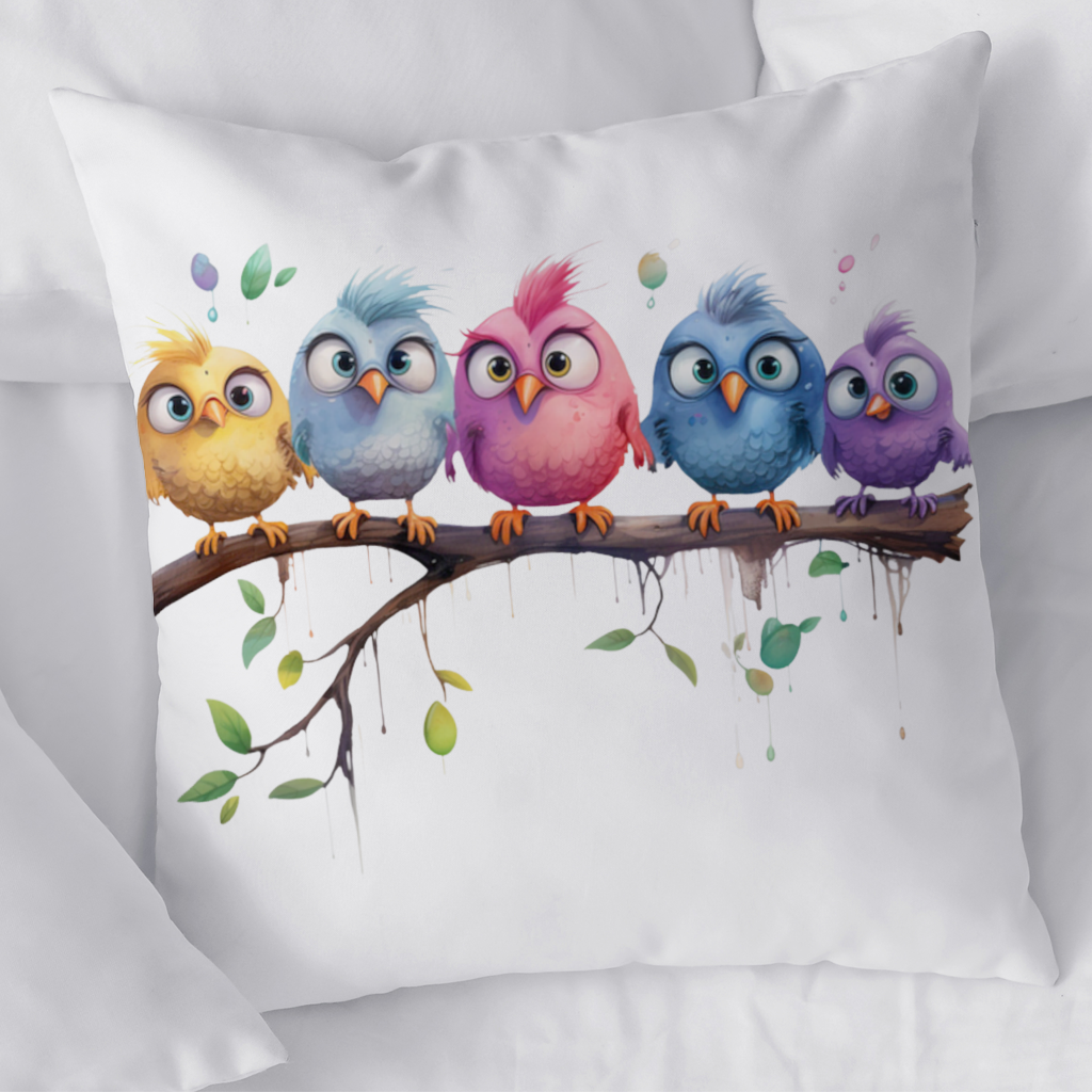 Five Colorful Kawaii Birds on Branch 
