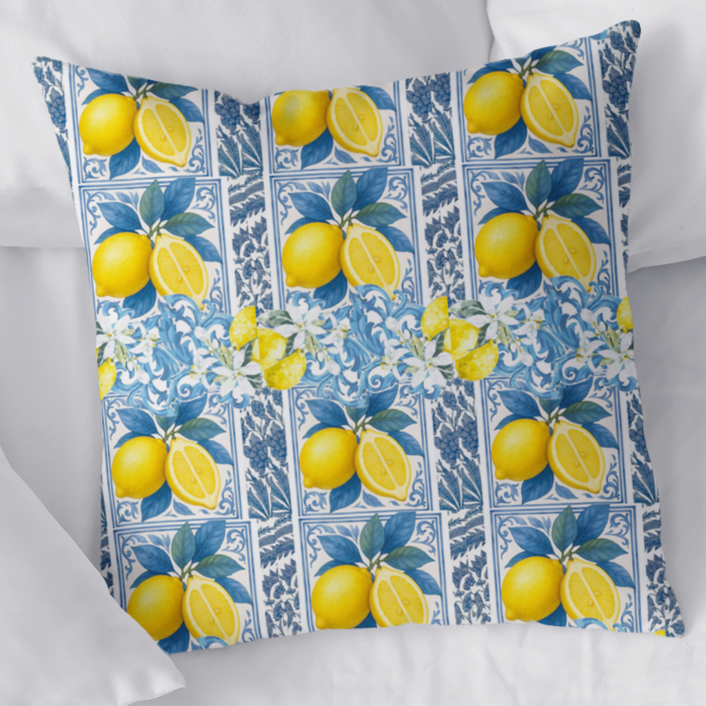 Mediterranean Lemon and Blue Azulejo Tile Pattern 