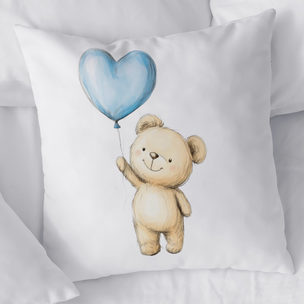 Cute Teddy Bear with Blue Heart Balloon Decorative pillow cover