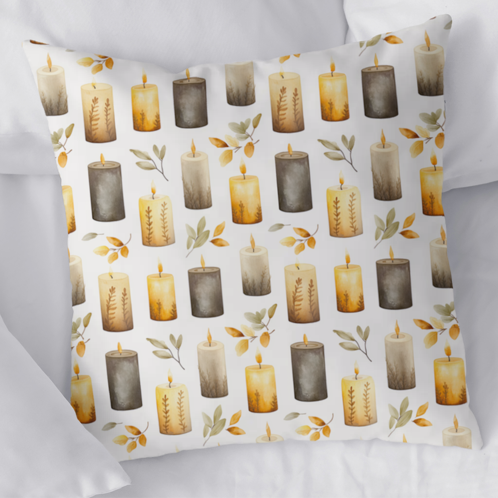 Warm Neutral Autumn Candles and Leaves Decorative pillow cover