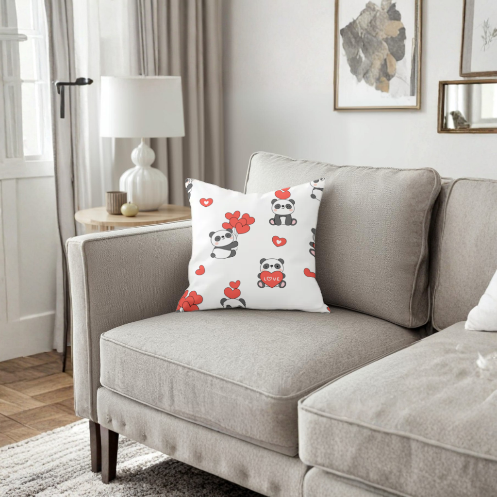 14 Şubat Sevimli Panda Kalp Desenli Aşk Tasarımı Dekoratif Kırlent Kılıfı