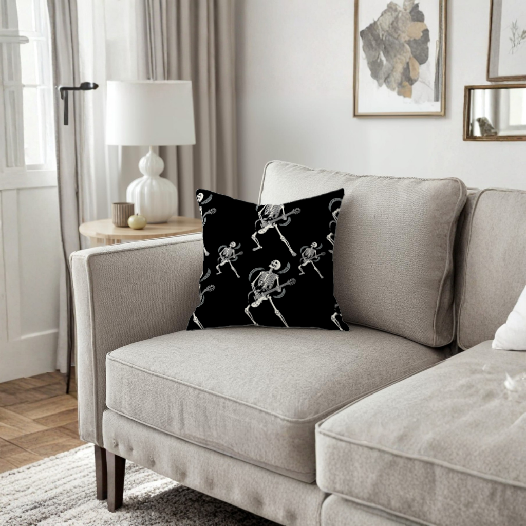 Rock Guitar Playing Skeleton Pattern on Black Decorative pillow cover