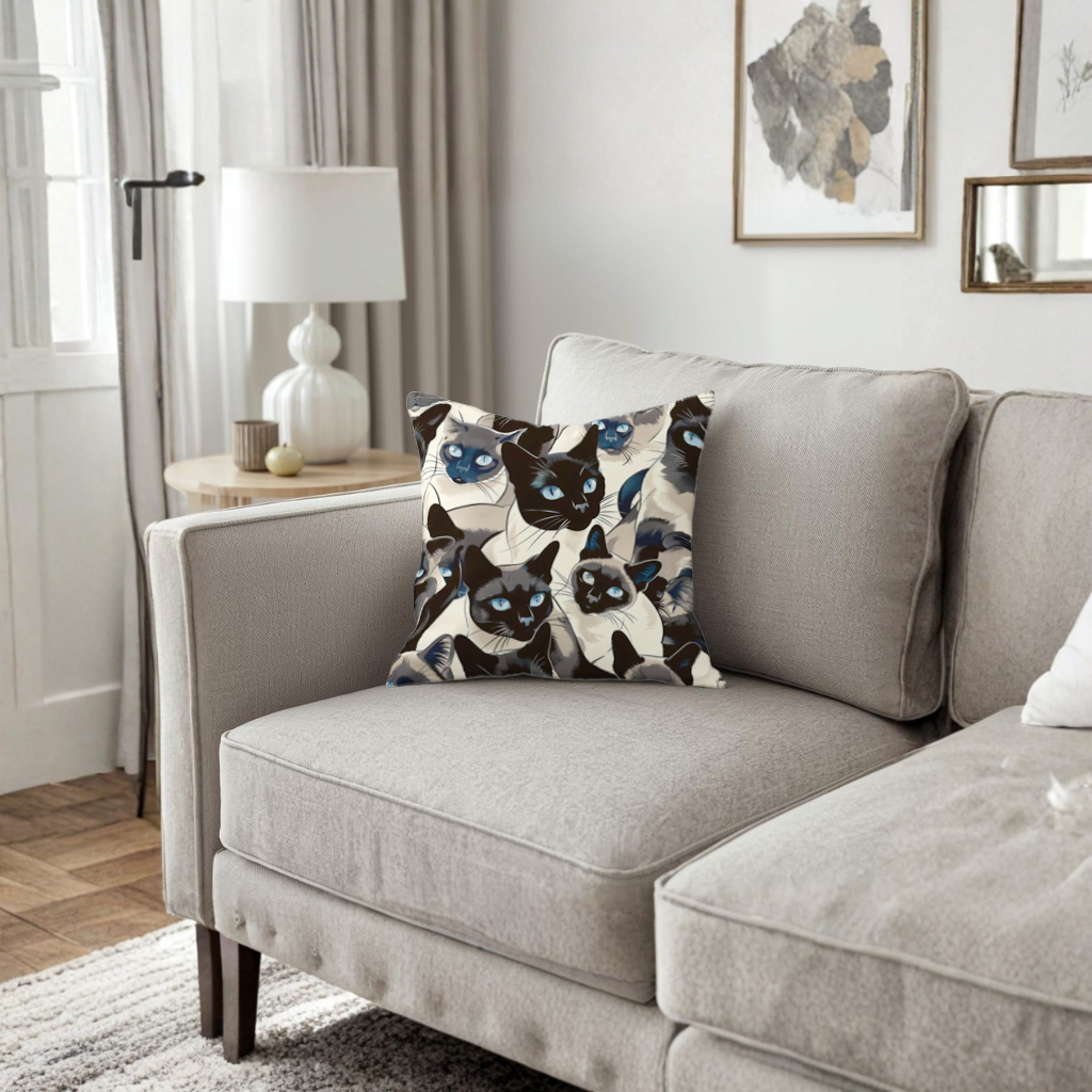 Mavi Gözlü Siyam Kedisi Desenli Şık İllüstrasyon Dekoratif Kırlent Kılıfı