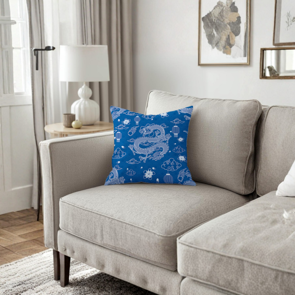 Traditional Dragon Pattern on Blue Background Decorative pillow cover