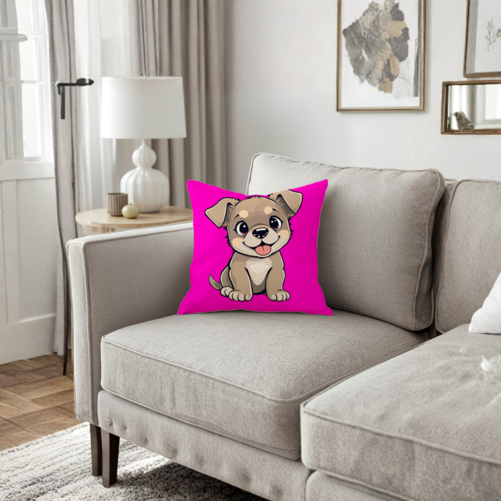 Cute Dog Illustration on Pink Background Decorative pillow cover