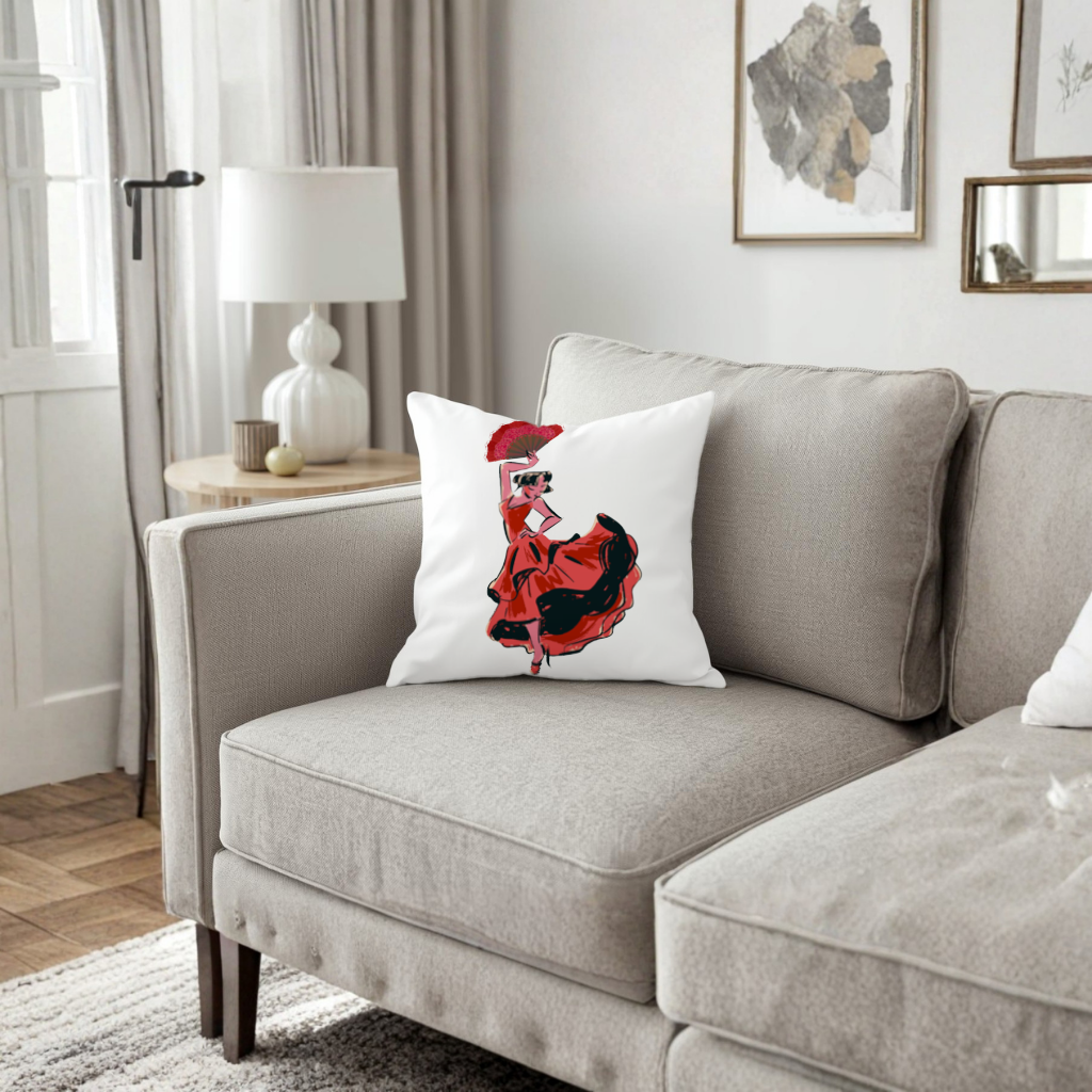 Flamenco Dancer with Fan Illustration Decorative pillow cover