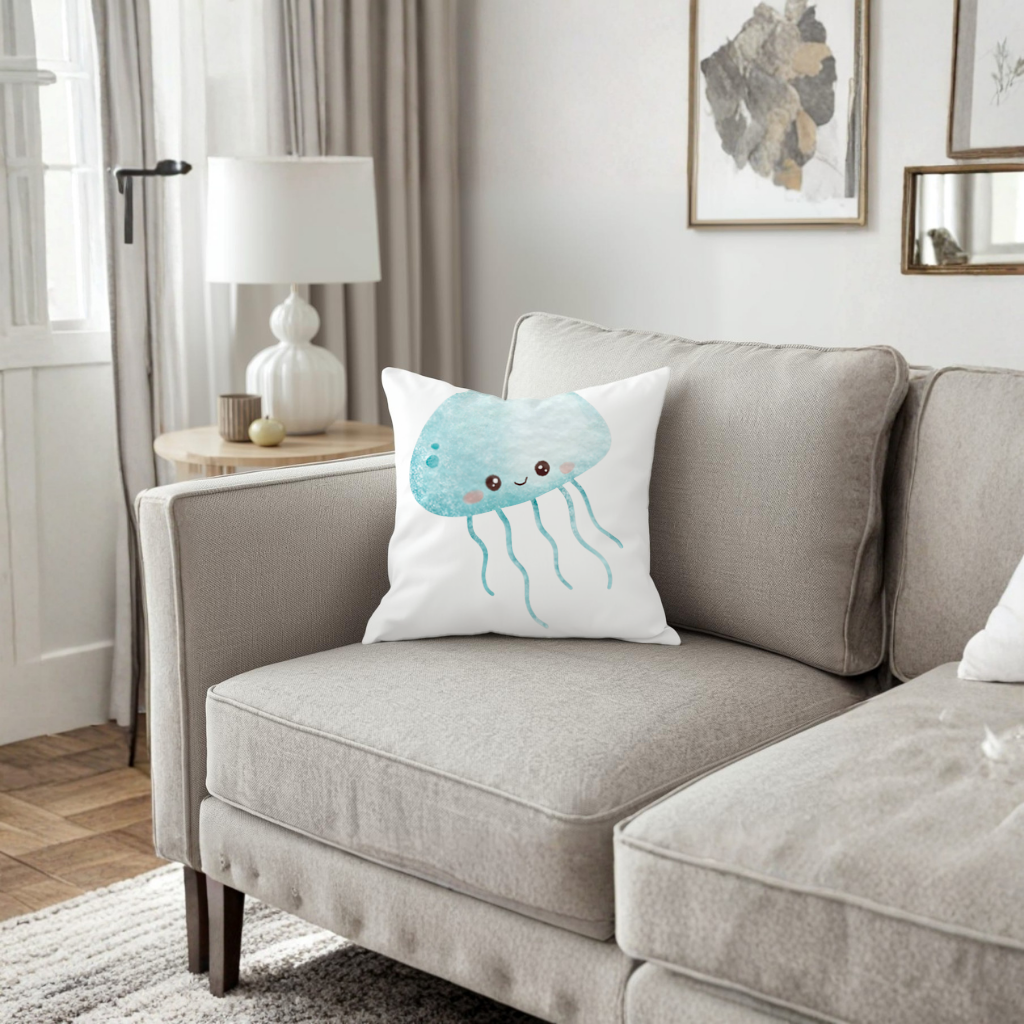 Cute Blue Jellyfish Character Decorative pillow cover