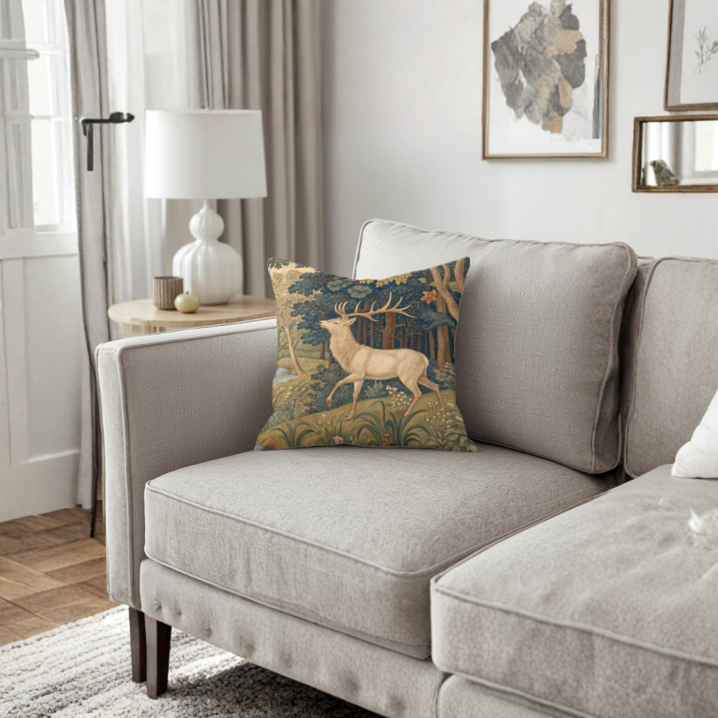 Noble Deer in Forest Landscape Classic Art Illustration Decorative pillow cover