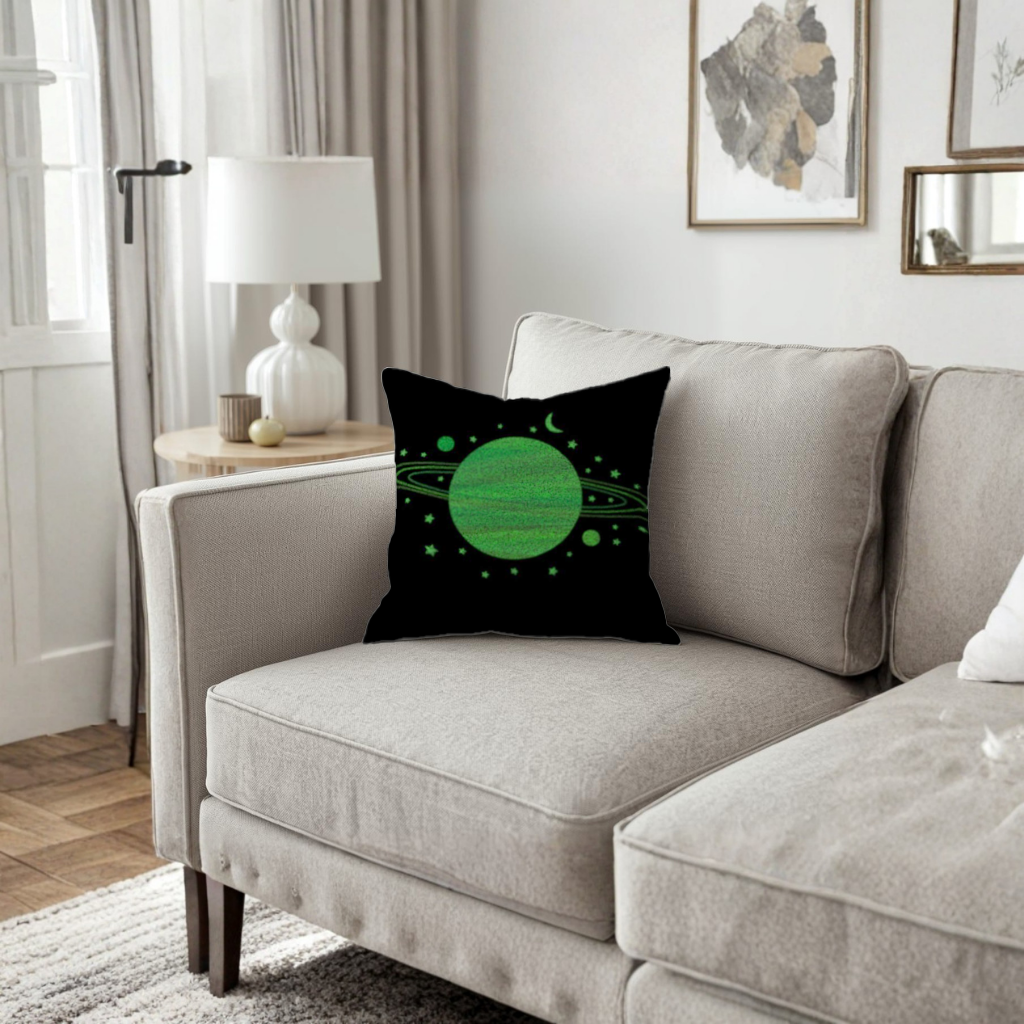 Green planets on a black background. Decorative pillow cover