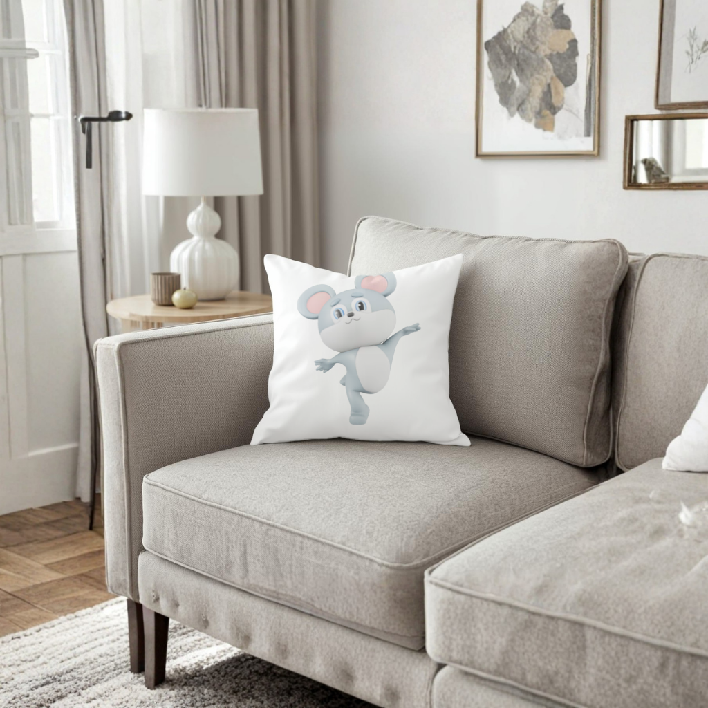 Dancing Cute Grey Mouse Character Decorative pillow cover