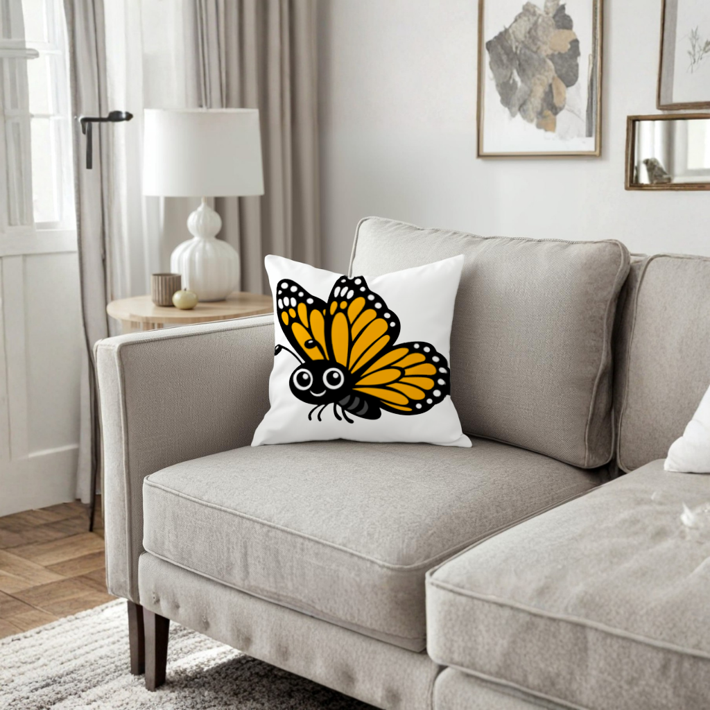 Gülümseyen Turuncu Monarch Kelebeği Dekoratif Kırlent Kılıfı