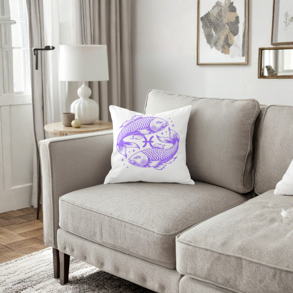 Pisces Zodiac Symbol with Purple Fish Art Decorative pillow cover