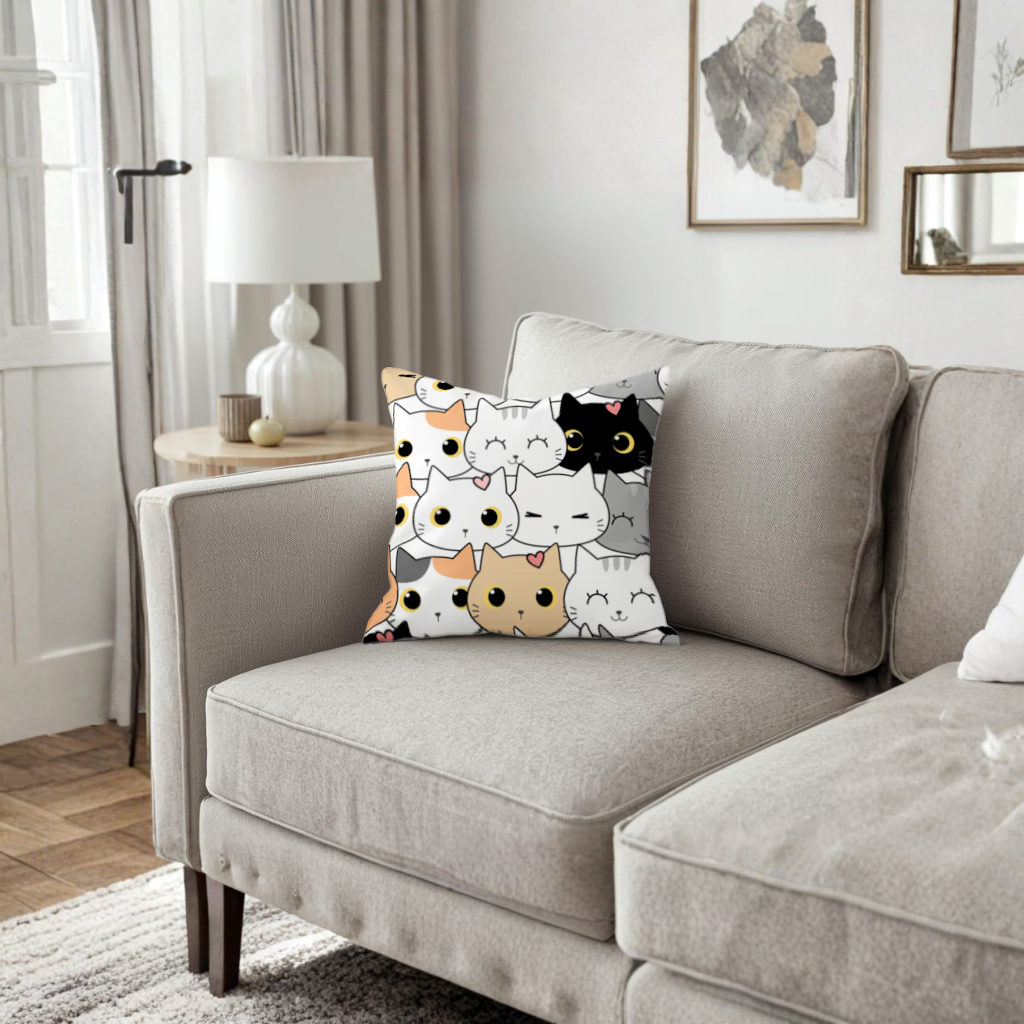 Colorful Cute Cat Faces Seamless Pattern Decorative pillow cover