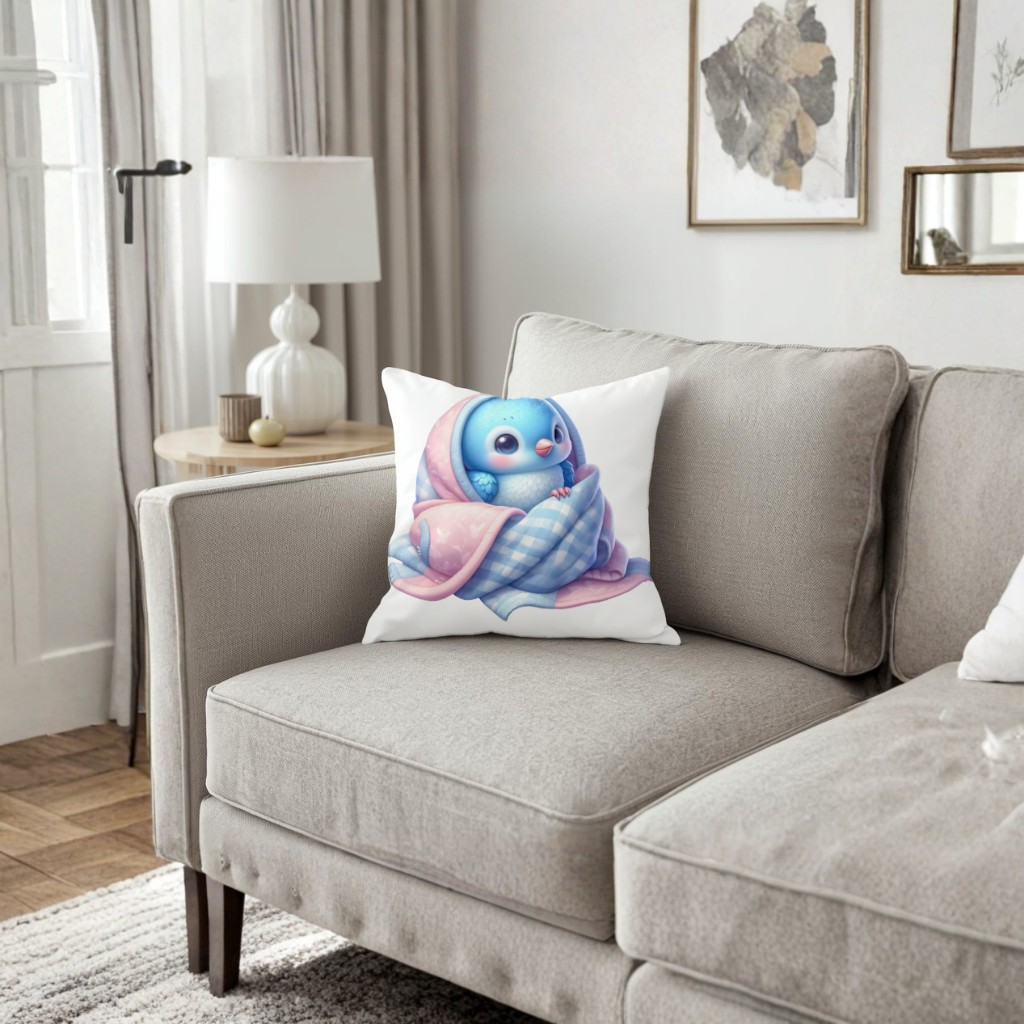 Kawaii Blue Bird in Blanket Decorative pillow cover
