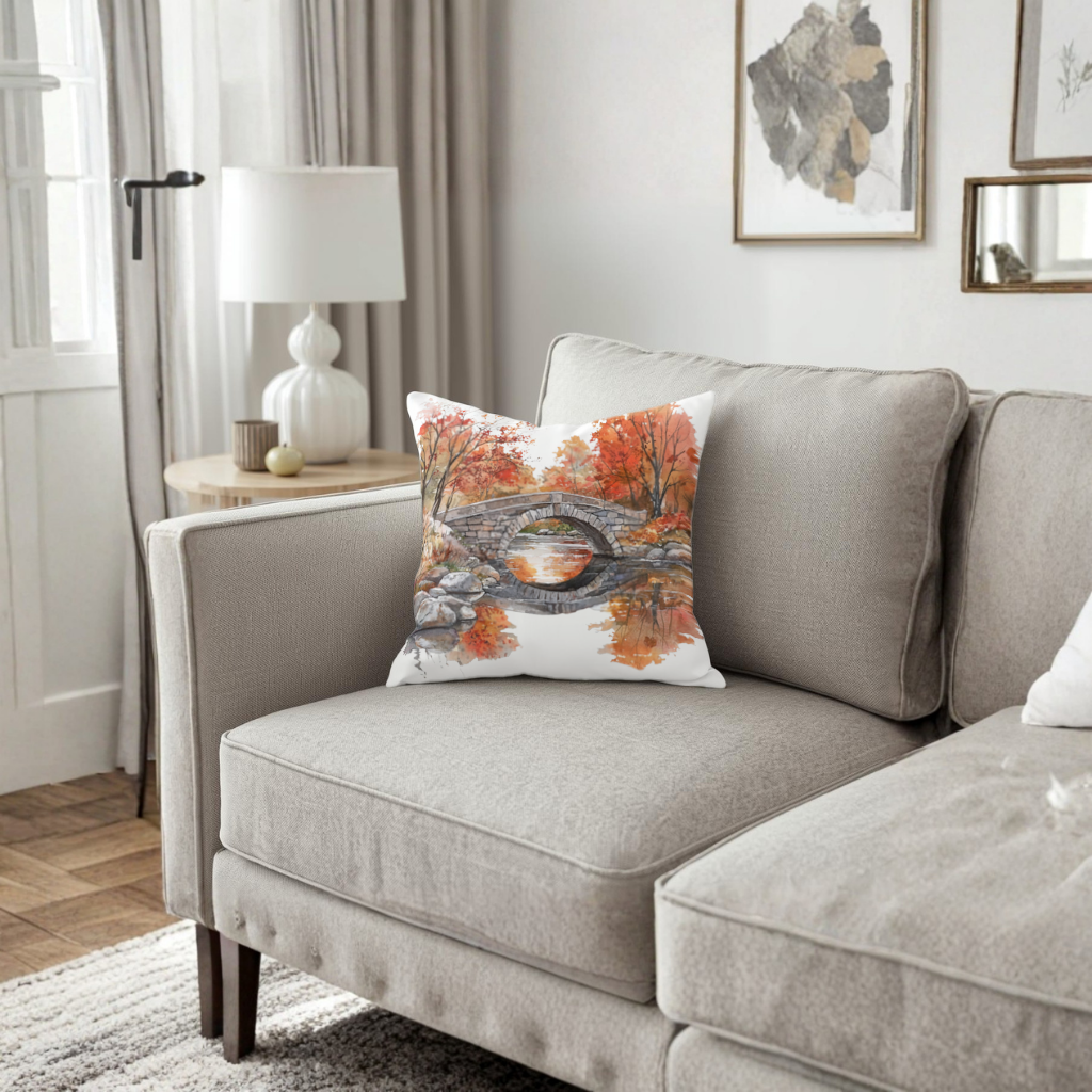 Autumn Stone Arch Bridge Over River Decorative pillow cover