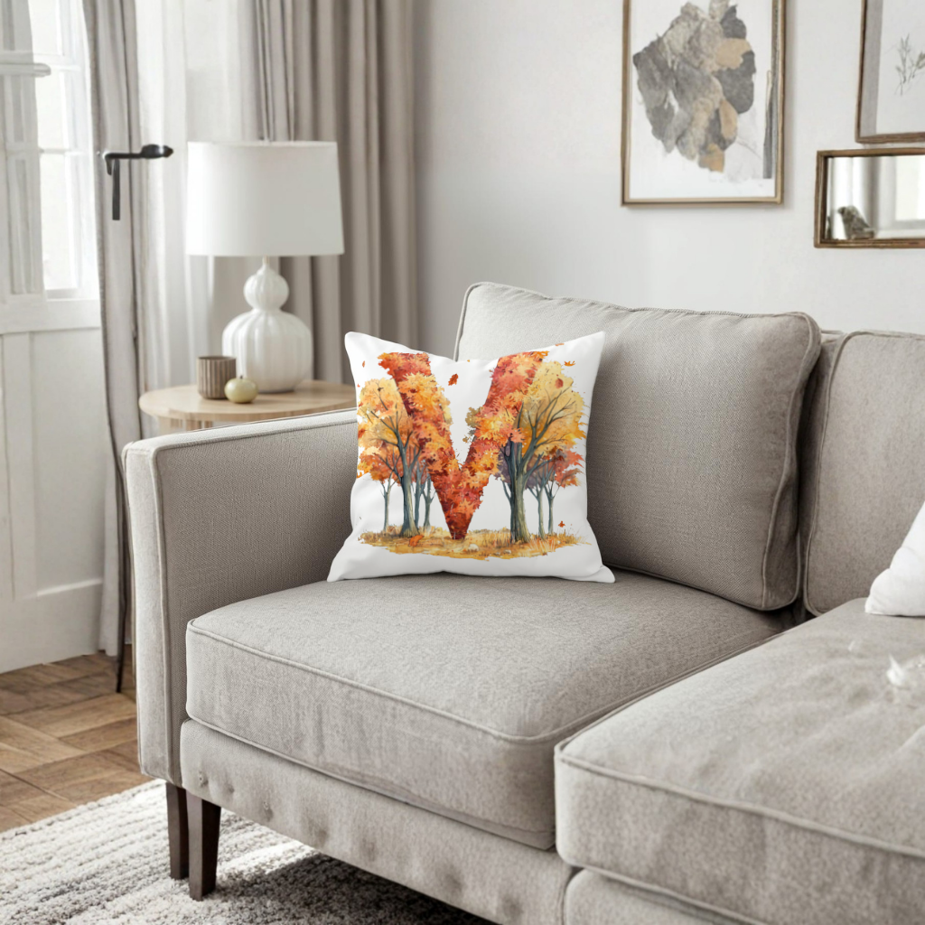Orange Autumn Forest Letter M Decorative pillow cover
