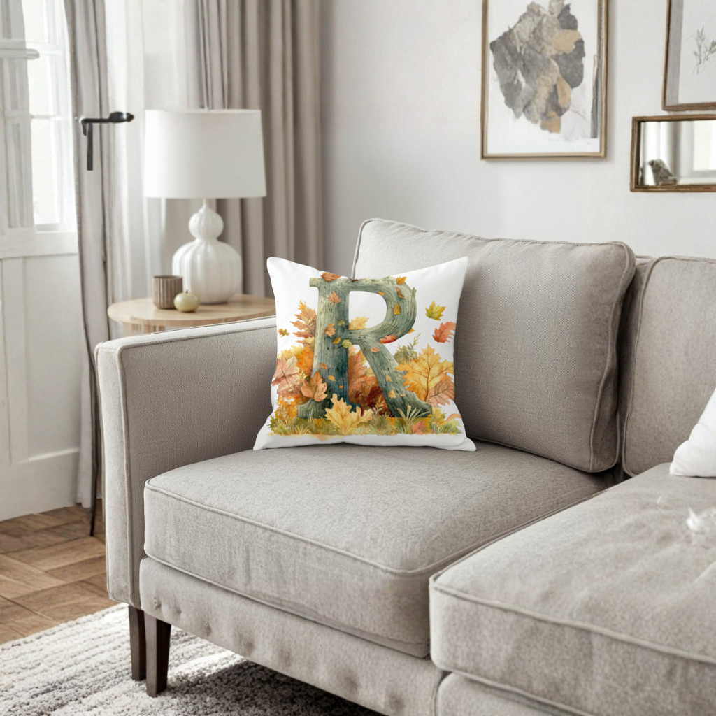Autumn Letter R with Fall Leaves Decorative pillow cover