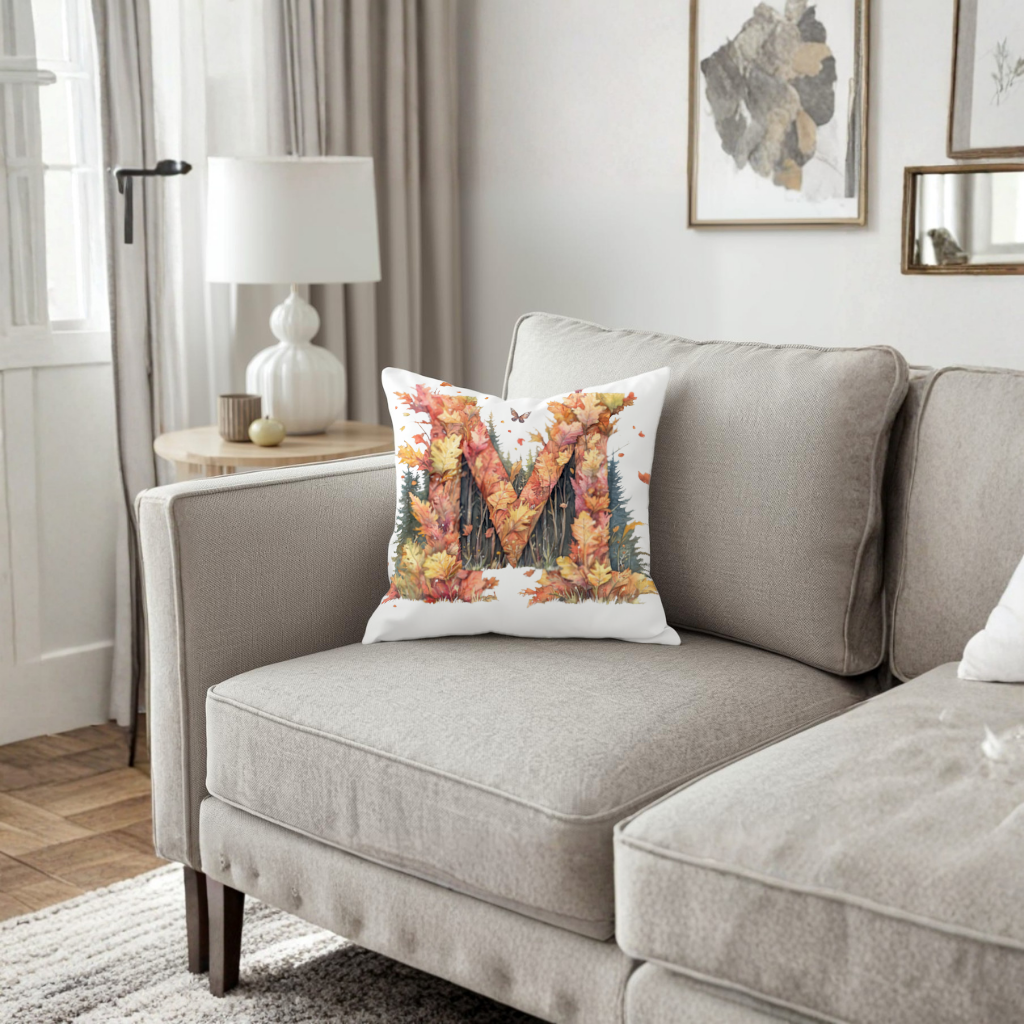 Autumn Letter M With Fall Leaves Decorative pillow cover