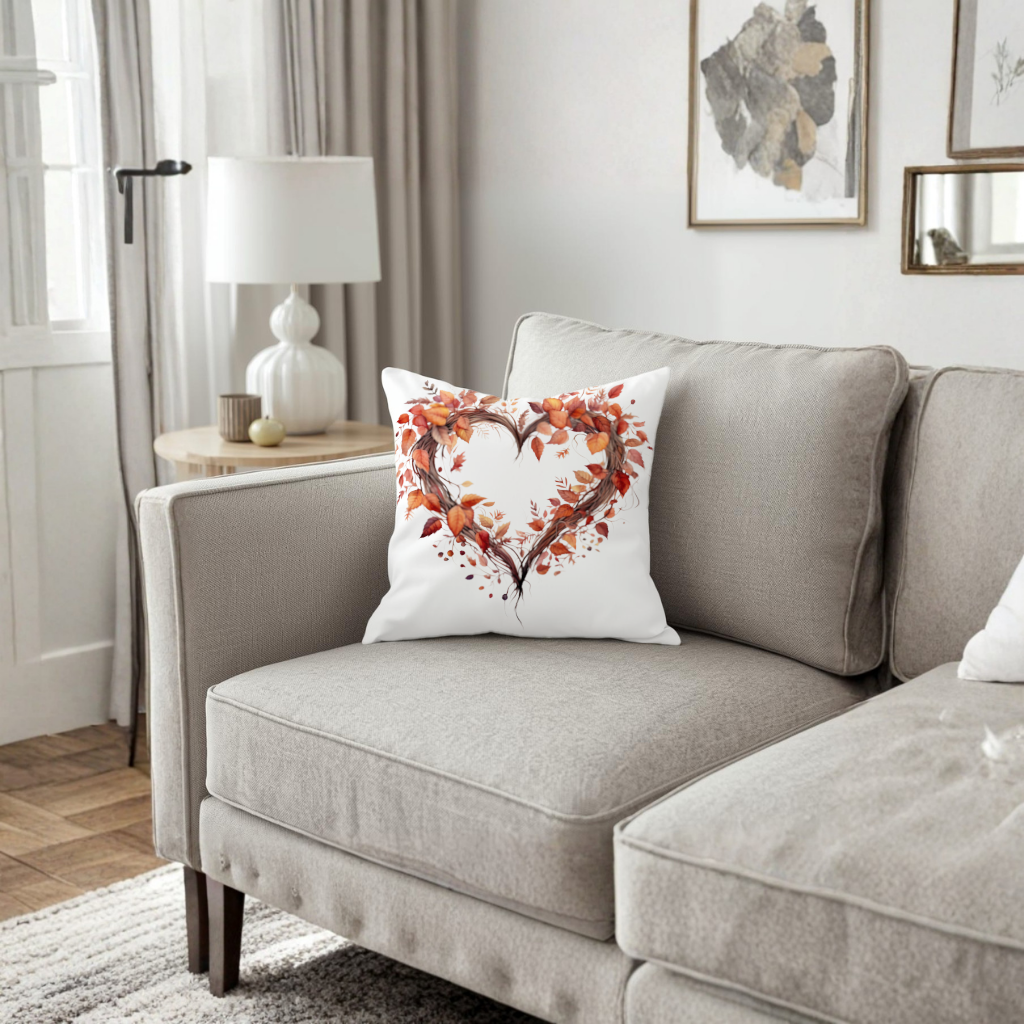 Sonbahar Yapraklarından Kalp Çelenk Dekoratif Kırlent Kılıfı