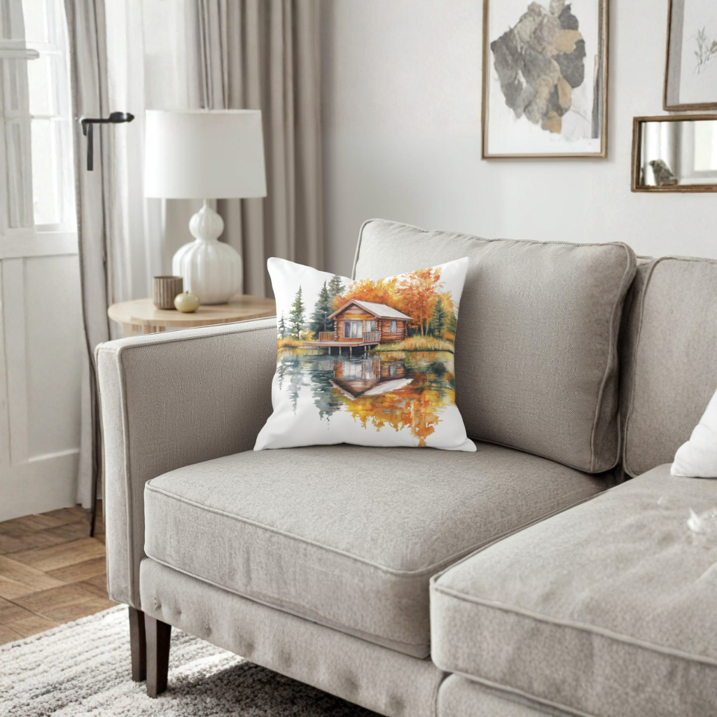 Göl Kenarı Kütük Ev ve Sonbahar Dekoratif Kırlent Kılıfı