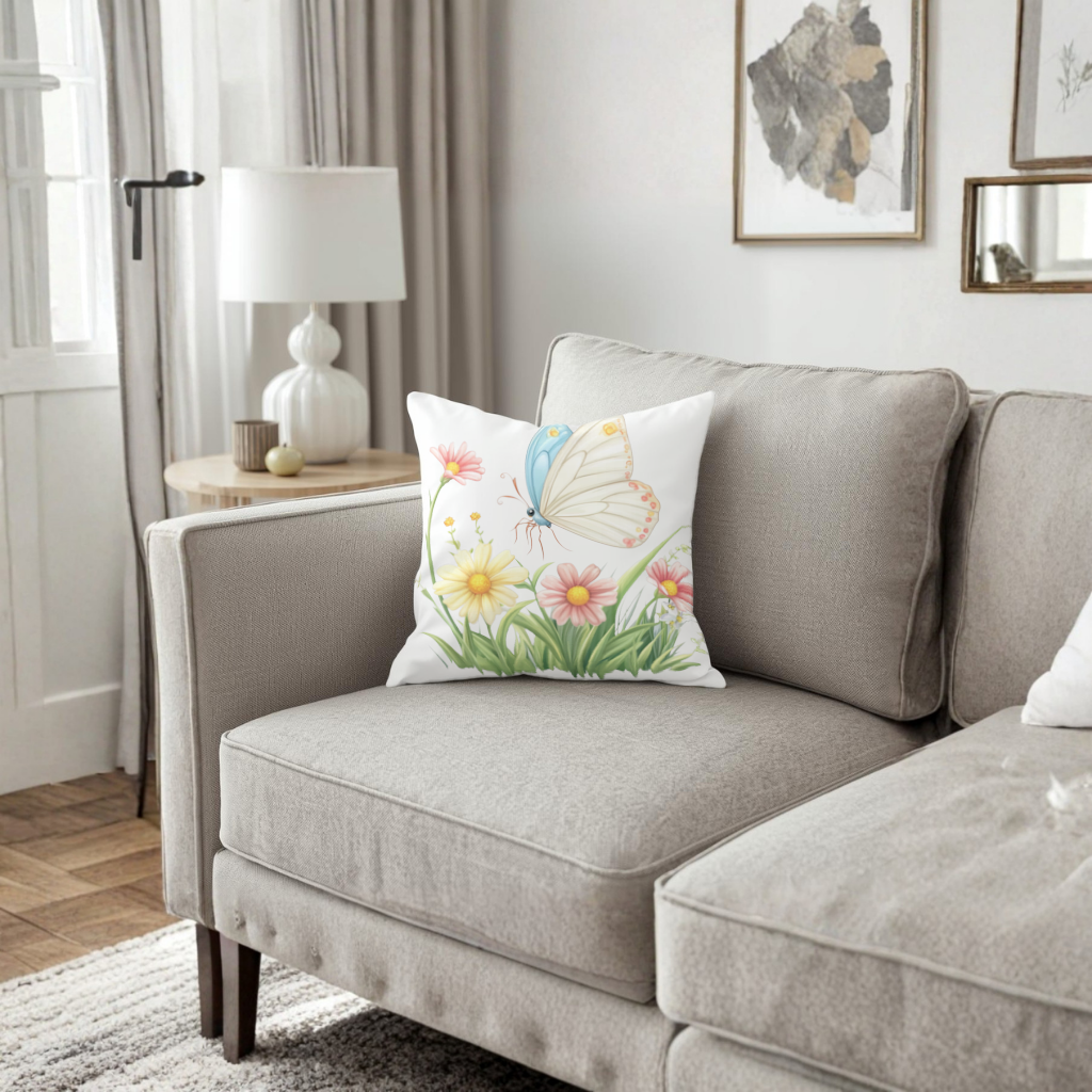 Pastel Kelebek ve Kır Çiçekleri Bahçesi Dekoratif Kırlent Kılıfı