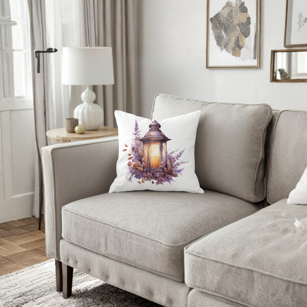 Lavanta ve Güz Yapraklı Antika Fener Dekoratif Kırlent Kılıfı