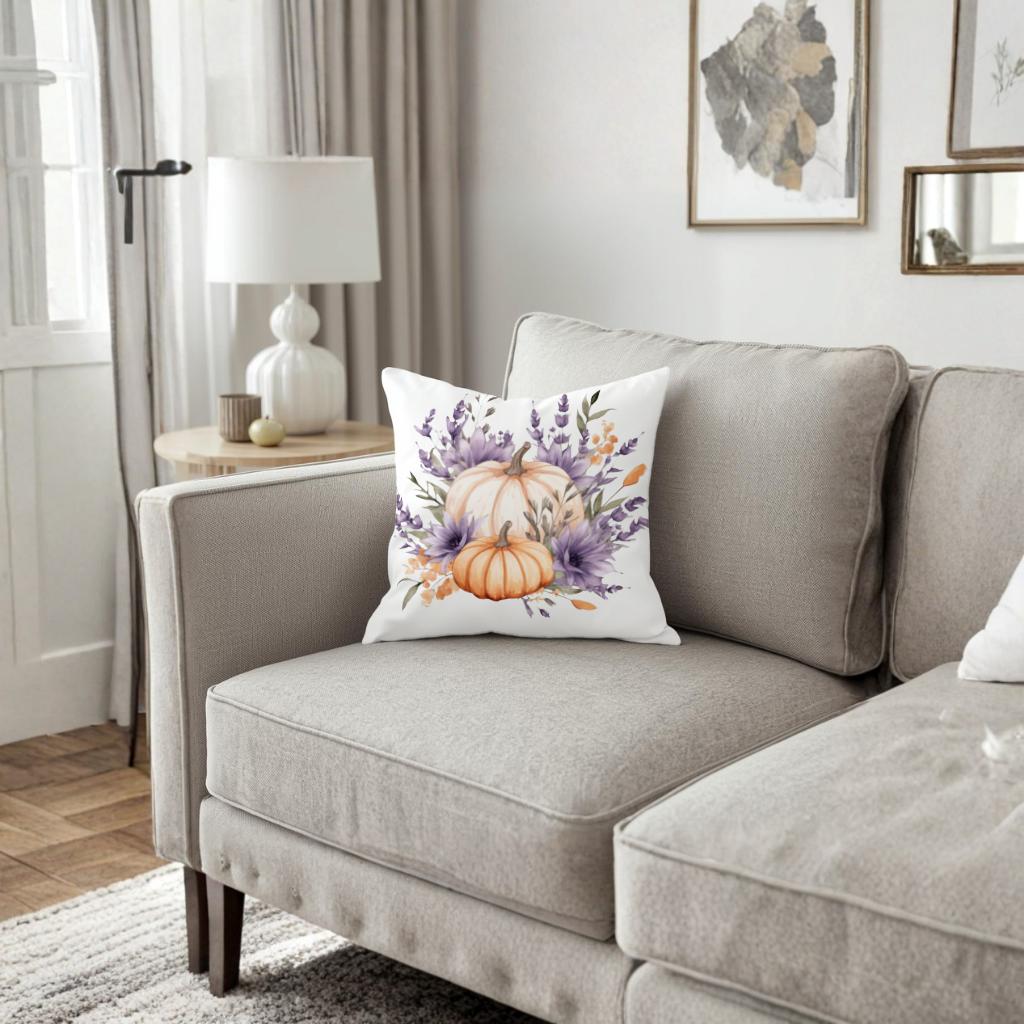 Lavender and Pumpkin Autumn Bouquet Decorative pillow cover