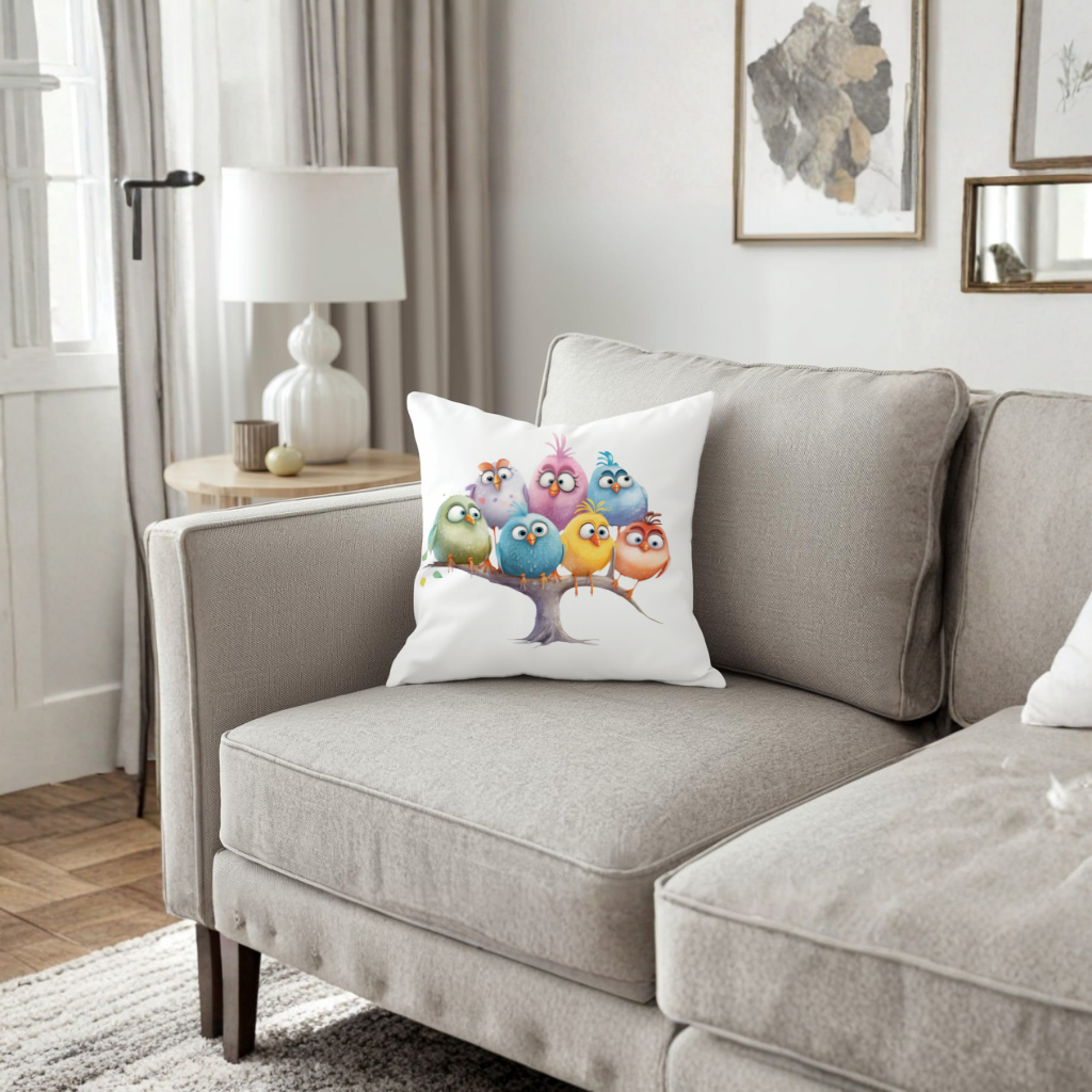 Whimsical Colorful Birds on Branch Decorative pillow cover