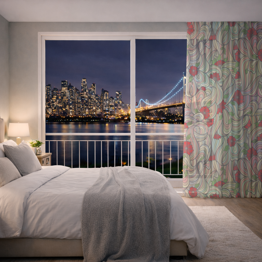 Floral Retro Wavy Pattern Sheer Curtain