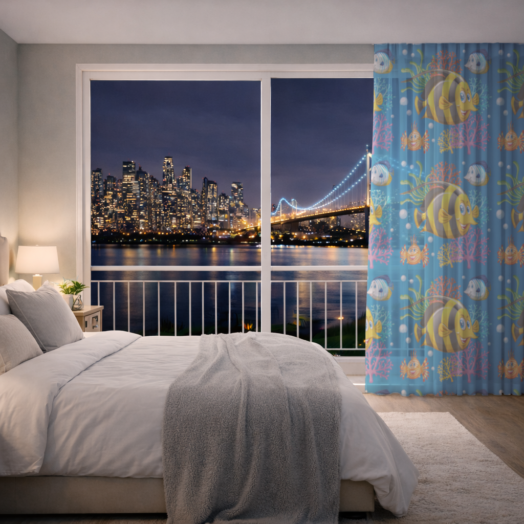 Colorful Tropical Fish and Coral Reef Pattern Sheer Curtain