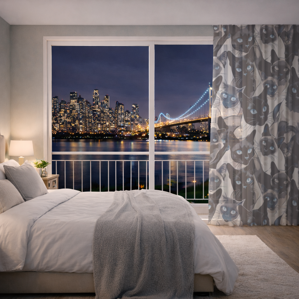 Blue Eyed Siamese Cat Elegant Illustration Pattern Sheer Curtain