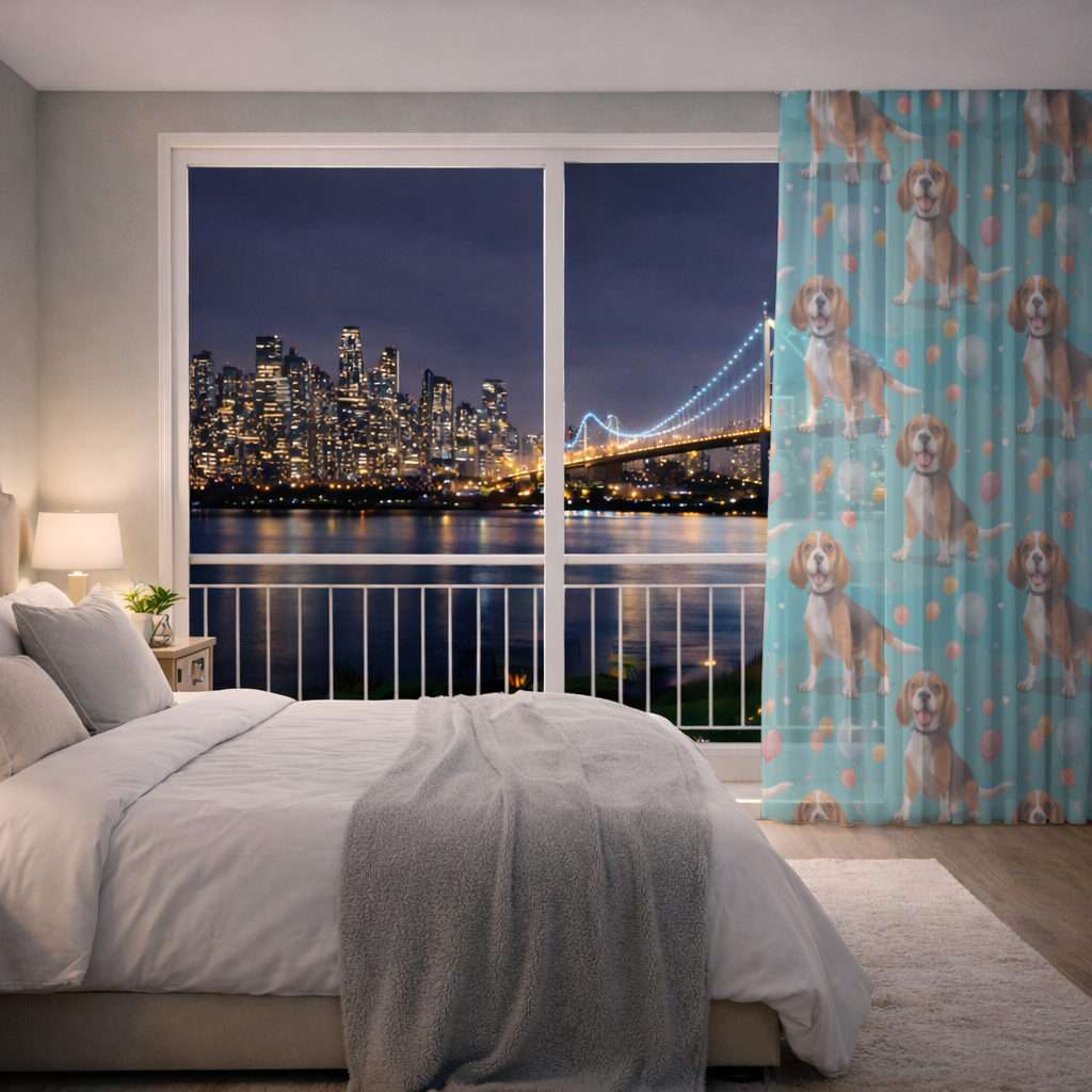 Sevimli Beagle Köpek ve Renkli Balonlar Desenli Tasarım Tül Perde