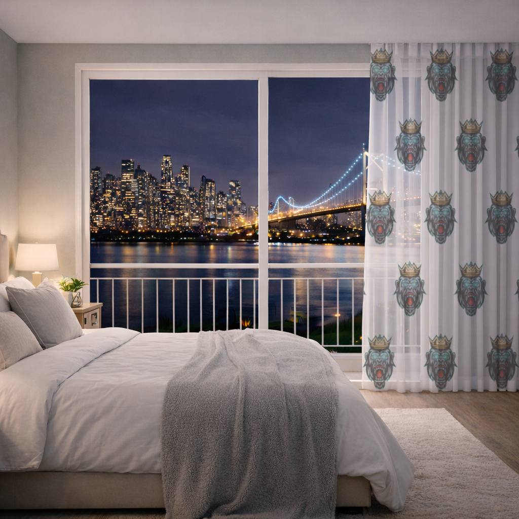 Angry Gorilla King with Crown Graphic - Neon Mascot Design Sheer Curtain