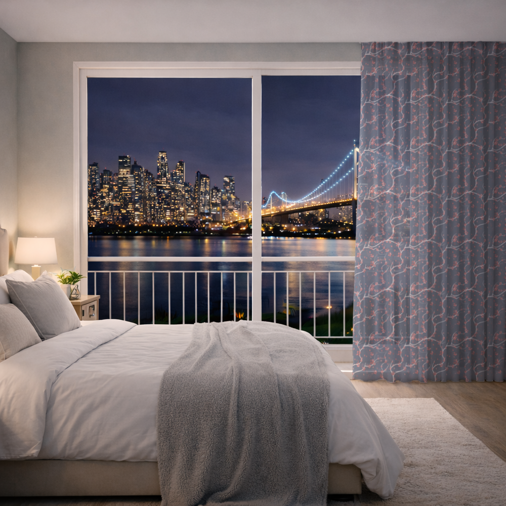 Lacivert Zemin Üzerinde Kırmızı Çiçekli Dal Deseni Tül Perde