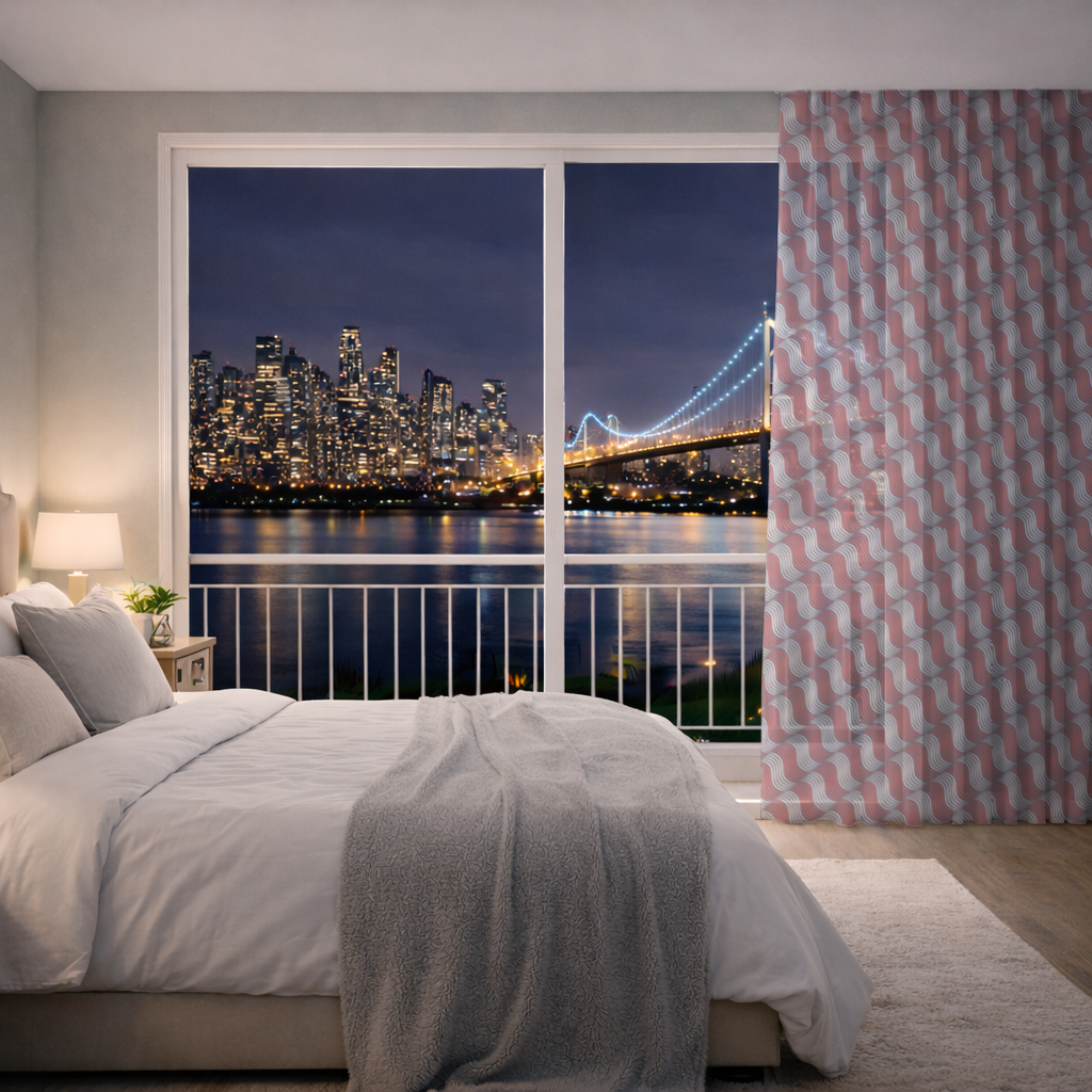 Kırmızı Lacivert Dalgalı Çizgi Deseni Tül Perde