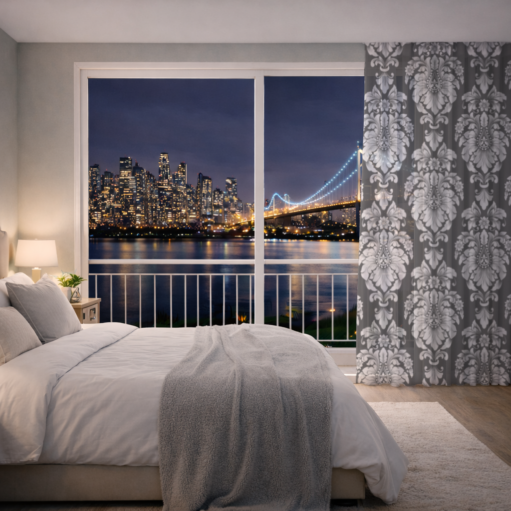 Black and White Baroque Floral Pattern Sheer Curtain