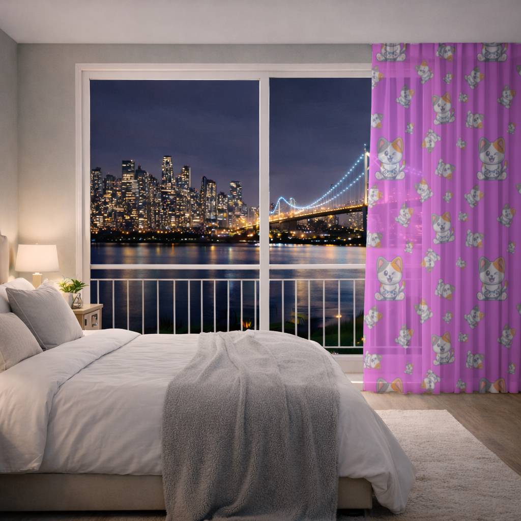 Pembe Zemin Üzerinde Sevimli Çizgi Kedi Deseni Tül Perde