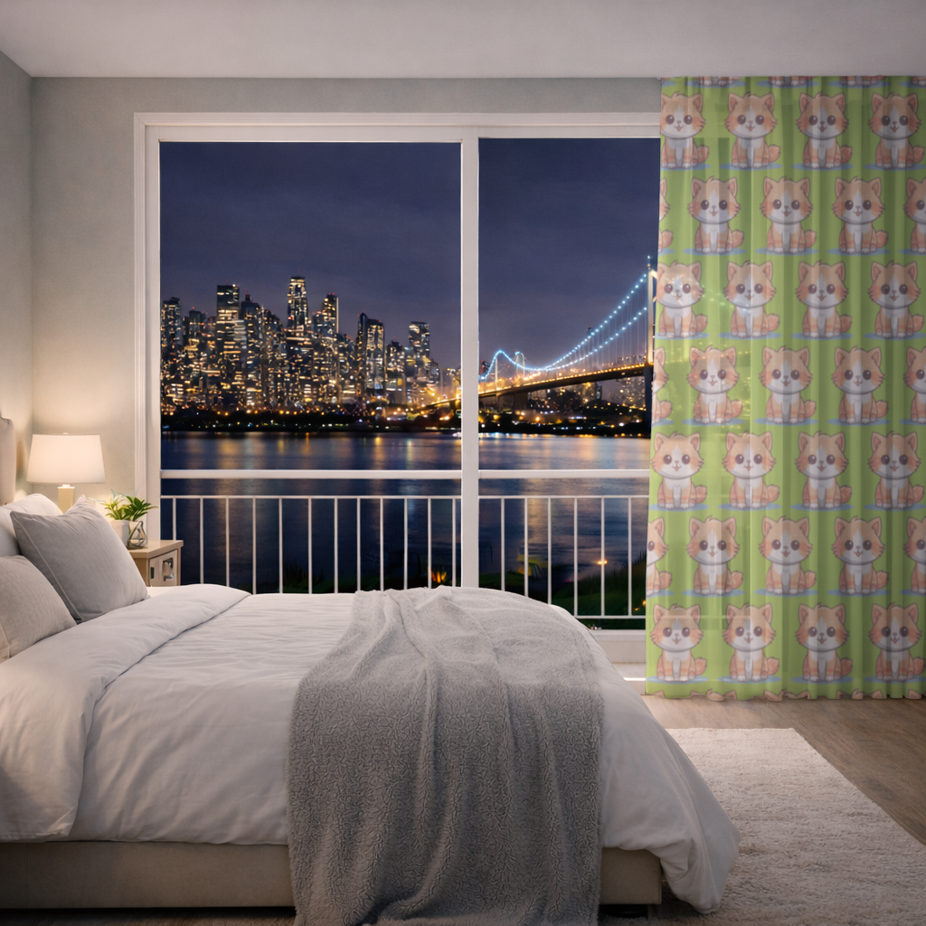 Sevimli Turuncu Kedi Çizimi Tül Perde