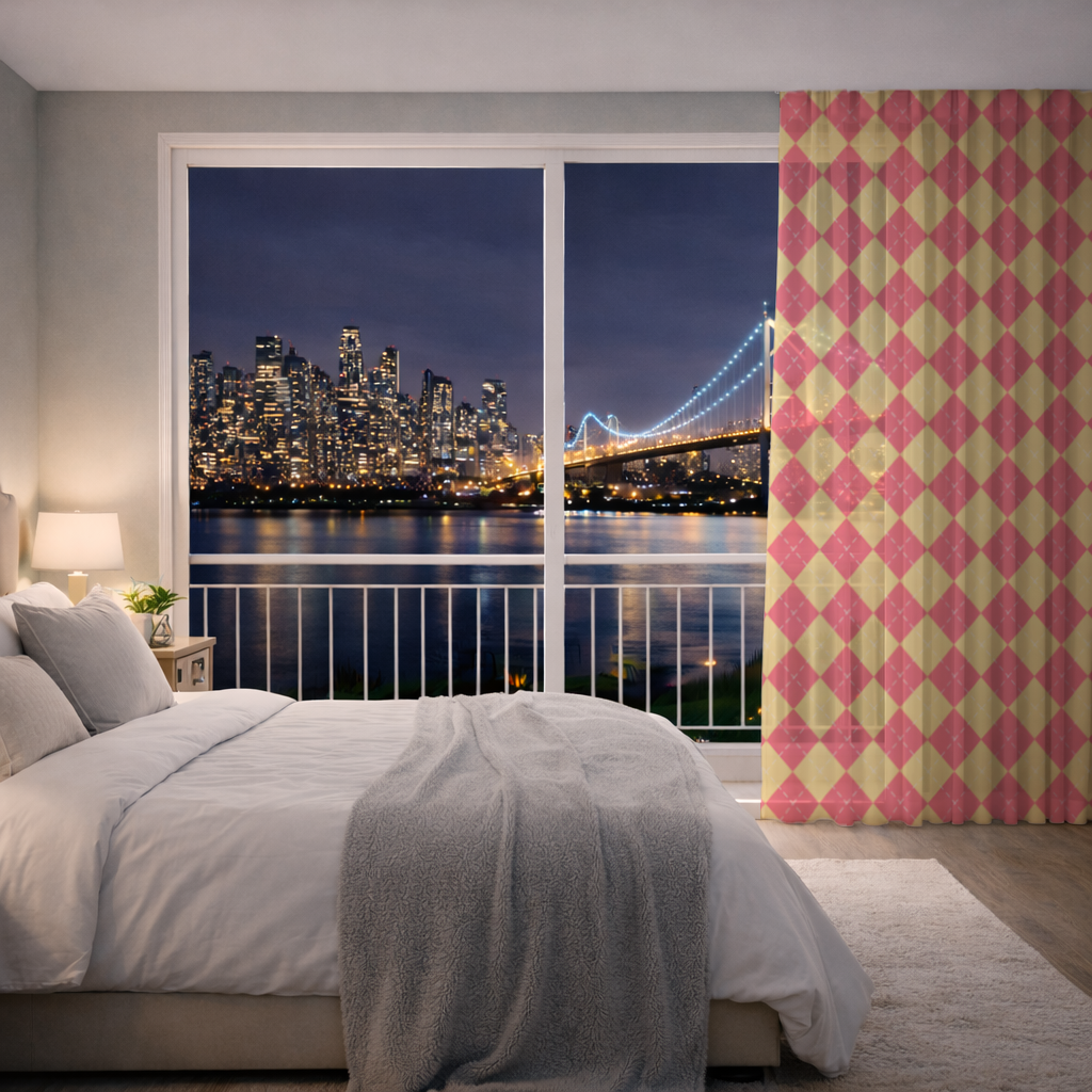 Red and Yellow Argyle Geometric Pattern Background Sheer Curtain