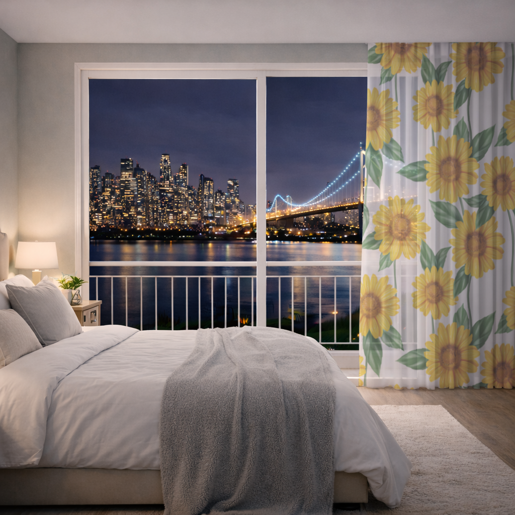 Vibrant Yellow Sunflower and Green Leaf Pattern Illustration Sheer Curtain